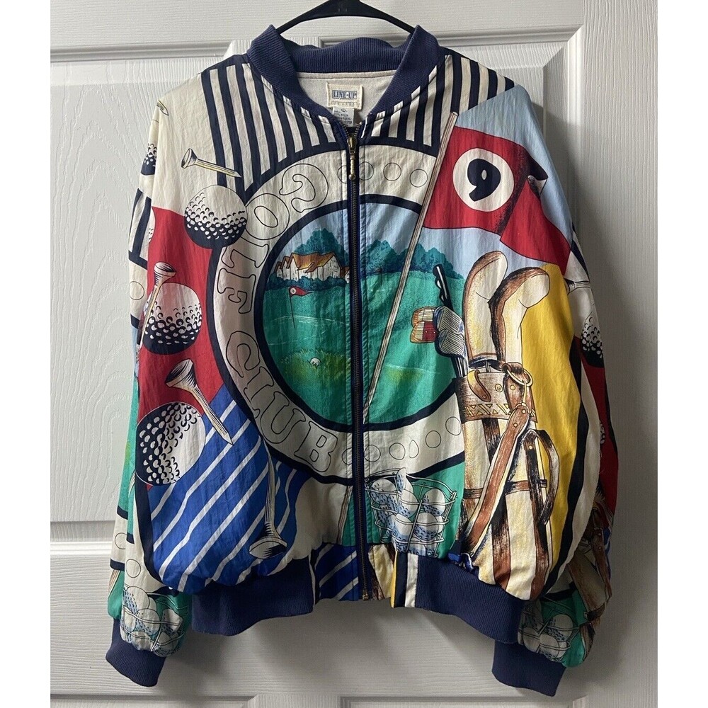 Vintage-Inspired Golf Print Bomber Jacket - Multicolor